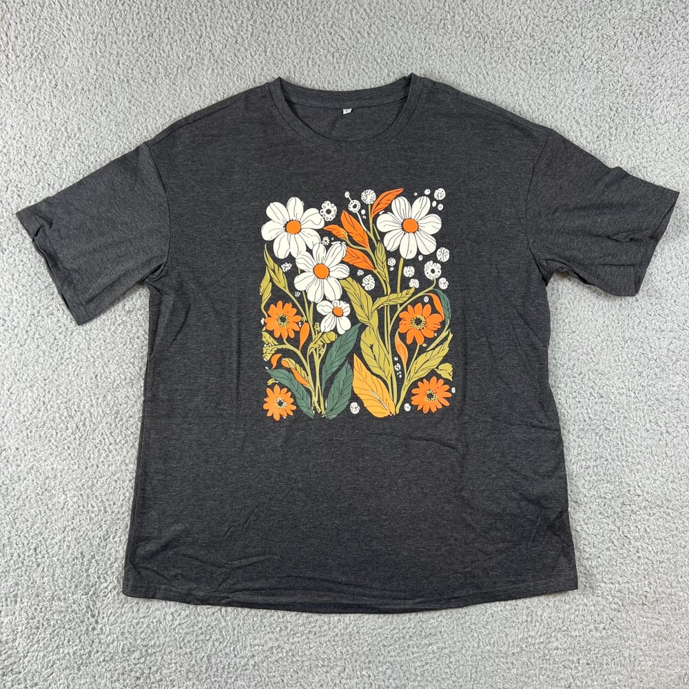 Unbranded Floral Graphic T-Shirt Women's L‎ Grey Oversized Retro Daisy Print Tee